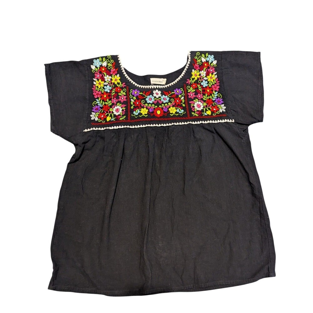 YZXDORWJ Floral Embroidery Shirt Womens L Black Multicolor Flower Mexican Blouse